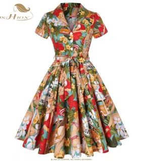 Abito estivo in cotone a maniche corte Robe Femme Sd0002 Verde S 4xl Floreale anni 50 anni 60 Vintage Rockabilly Abiti da donn