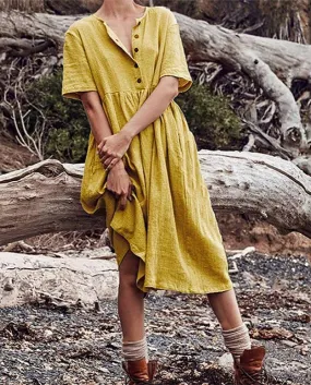 Abito estivo in cotone e lino verde per le donne Elegante abito da spiaggia con maniche corte a maniche corte in puro colore Vin