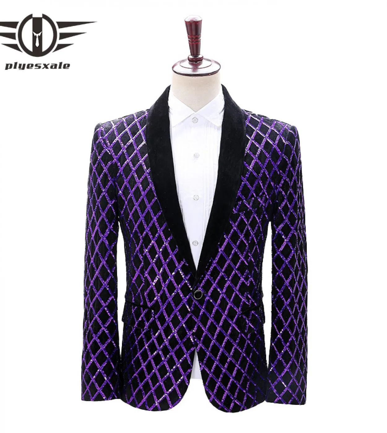 Blazer scozzese a rombi viola di marca per uomo con collo a scialle e giacca con paillettes, giacca da ballo, costume da palcosc