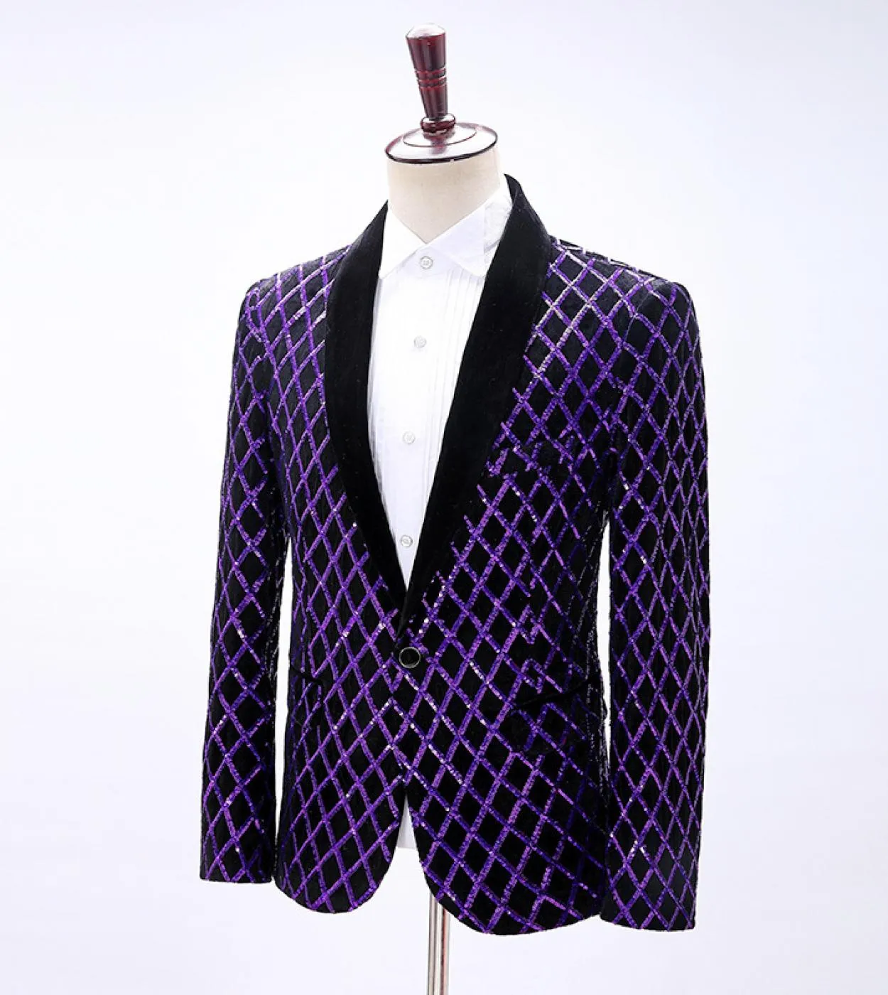 Blazer scozzese a rombi viola di marca per uomo con collo a scialle e giacca con paillettes, giacca da ballo, costume da palcosc