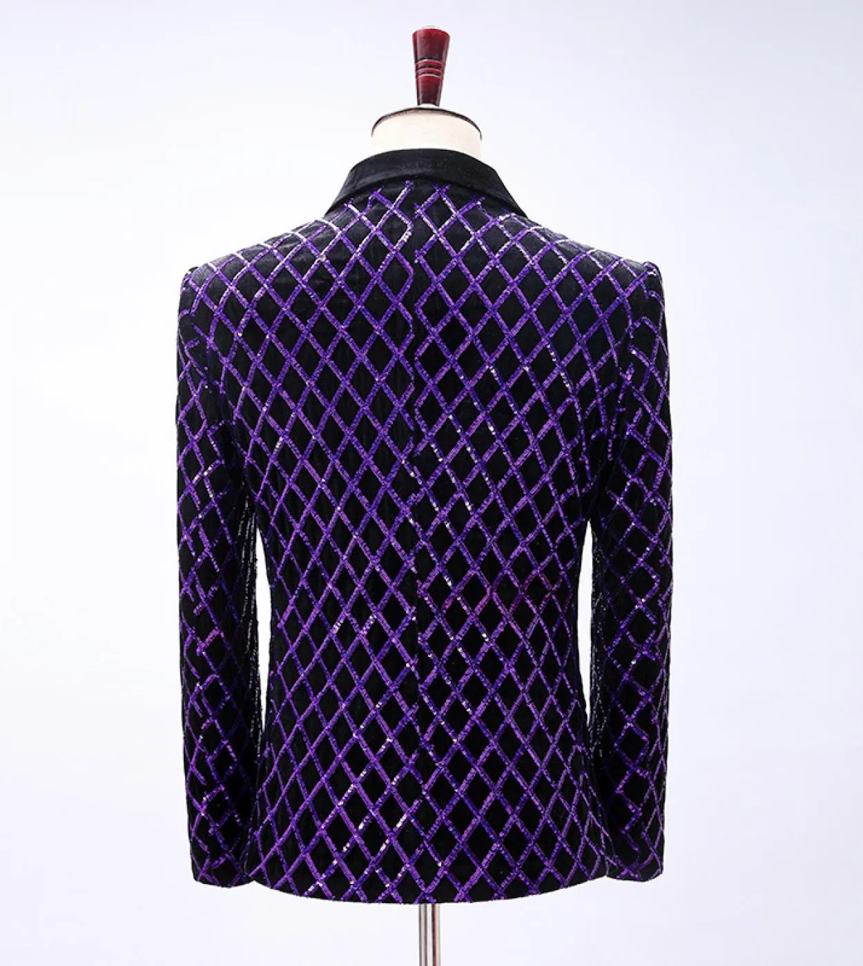 Blazer scozzese a rombi viola di marca per uomo con collo a scialle e giacca con paillettes, giacca da ballo, costume da palcosc