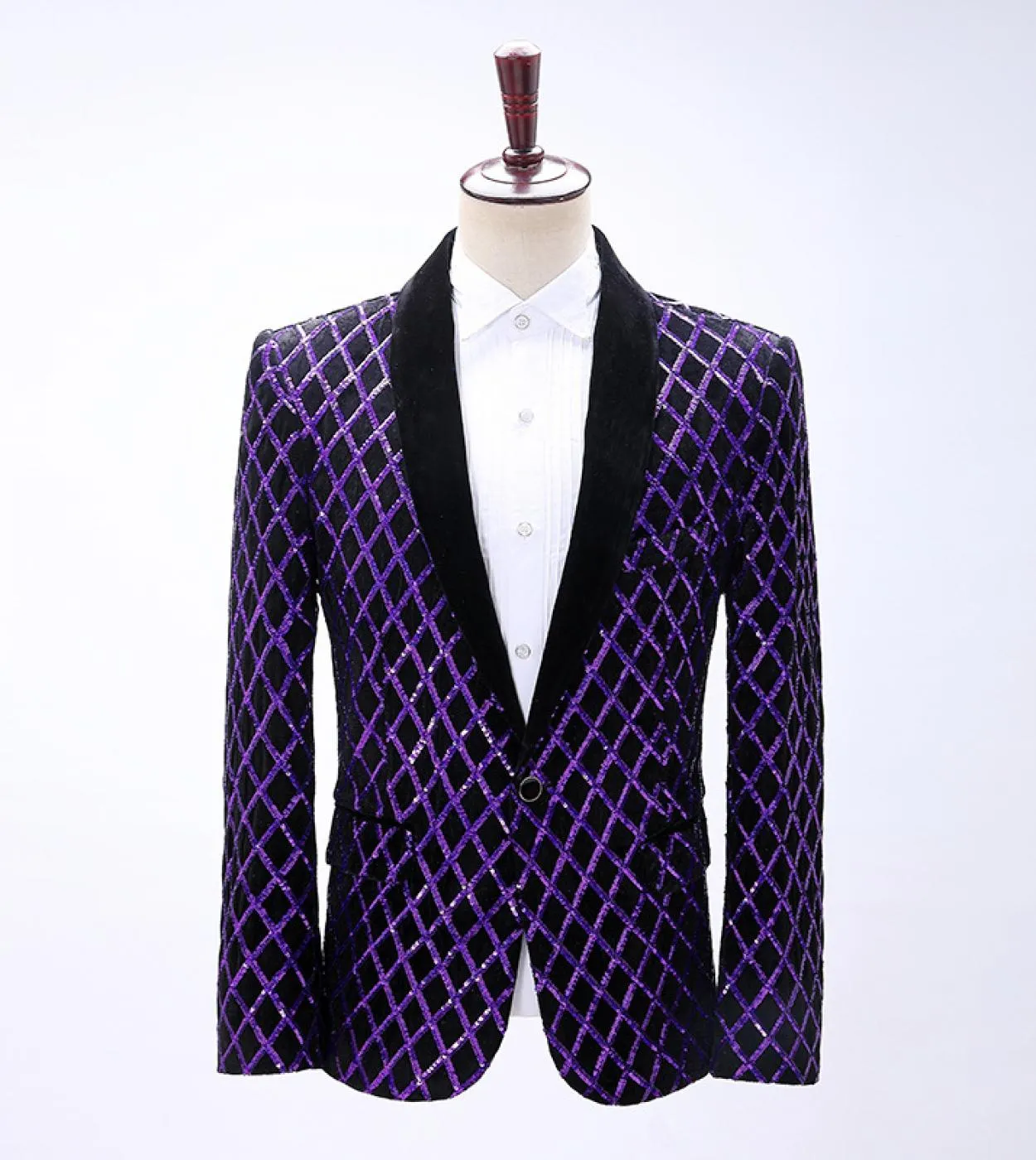 Blazer scozzese a rombi viola di marca per uomo con collo a scialle e giacca con paillettes, giacca da ballo, costume da palcosc