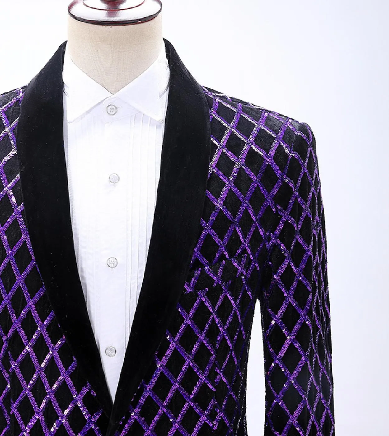 Blazer scozzese a rombi viola di marca per uomo con collo a scialle e giacca con paillettes, giacca da ballo, costume da palcosc