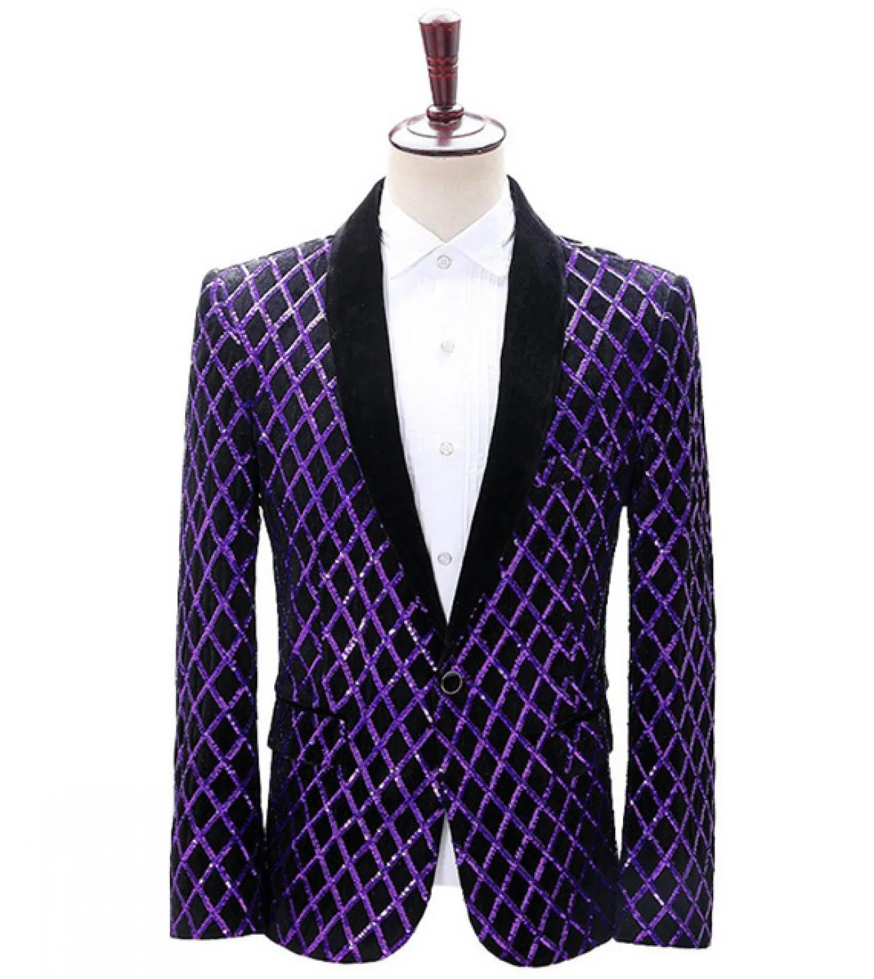 Blazer scozzese a rombi viola di marca per uomo con collo a scialle e giacca con paillettes, giacca da ballo, costume da palcosc