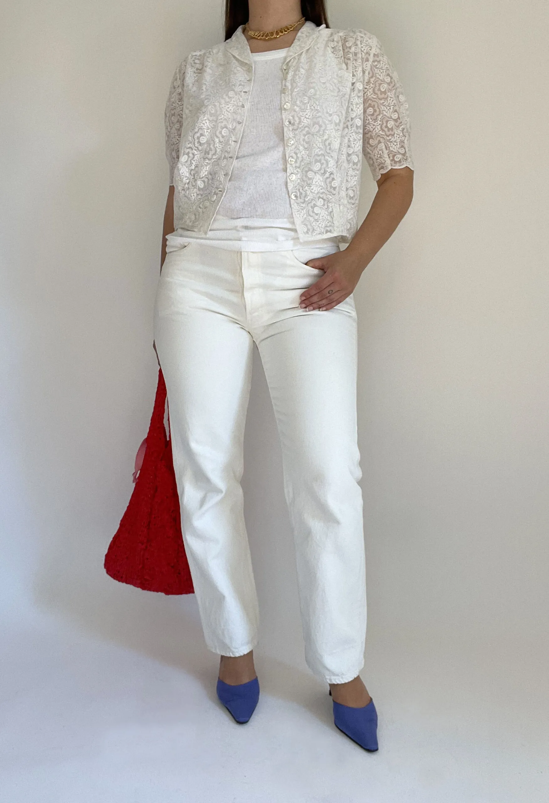 Blusa in tulle bianco ricamato a mano vintage anni ’50