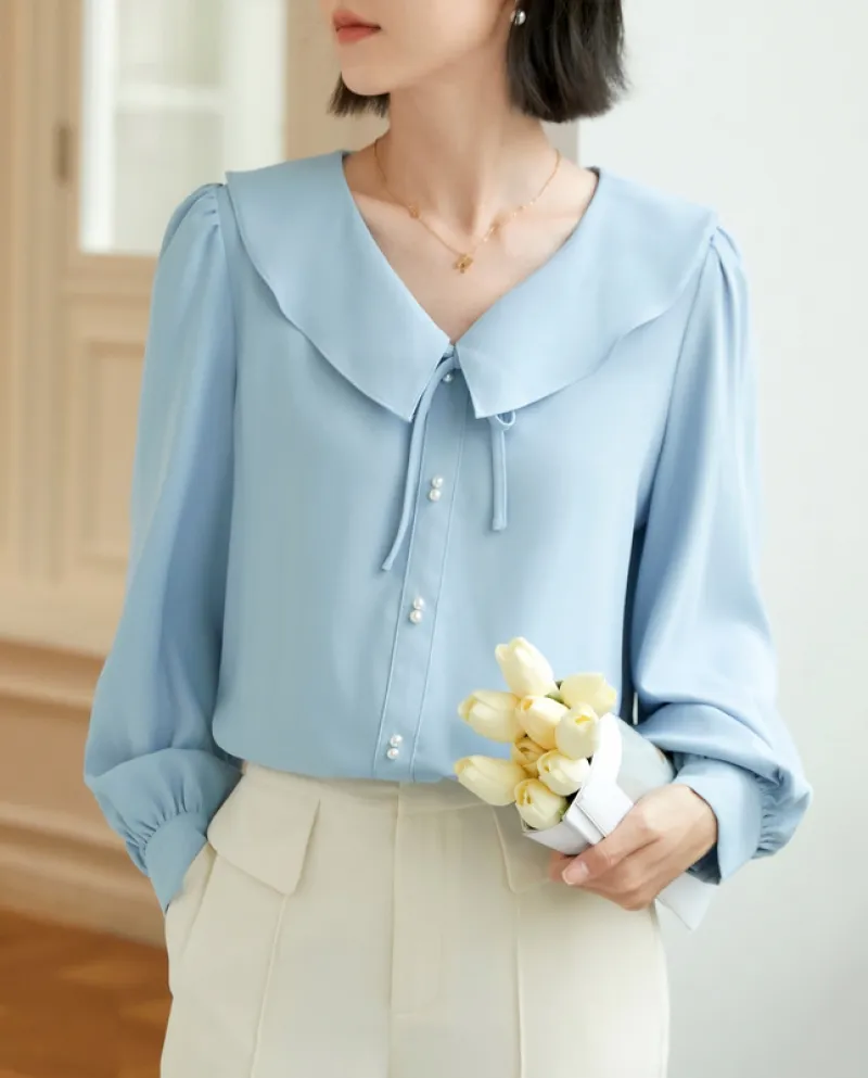 Camicia a maniche lunghe allentata in chiffon con top in chiffon con cravatta a bambola da donna autunno nuova