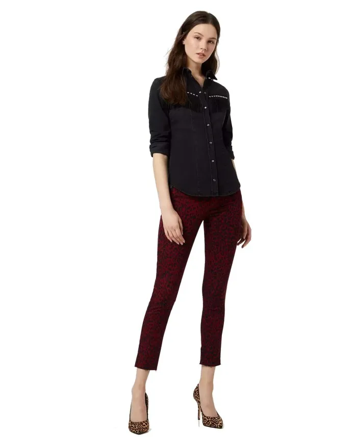 LIU JO Camicia Jeans Donna A-TI Denim Cotone Nera Frange Borchie Elastica Nuova 87216 DEN BLACK