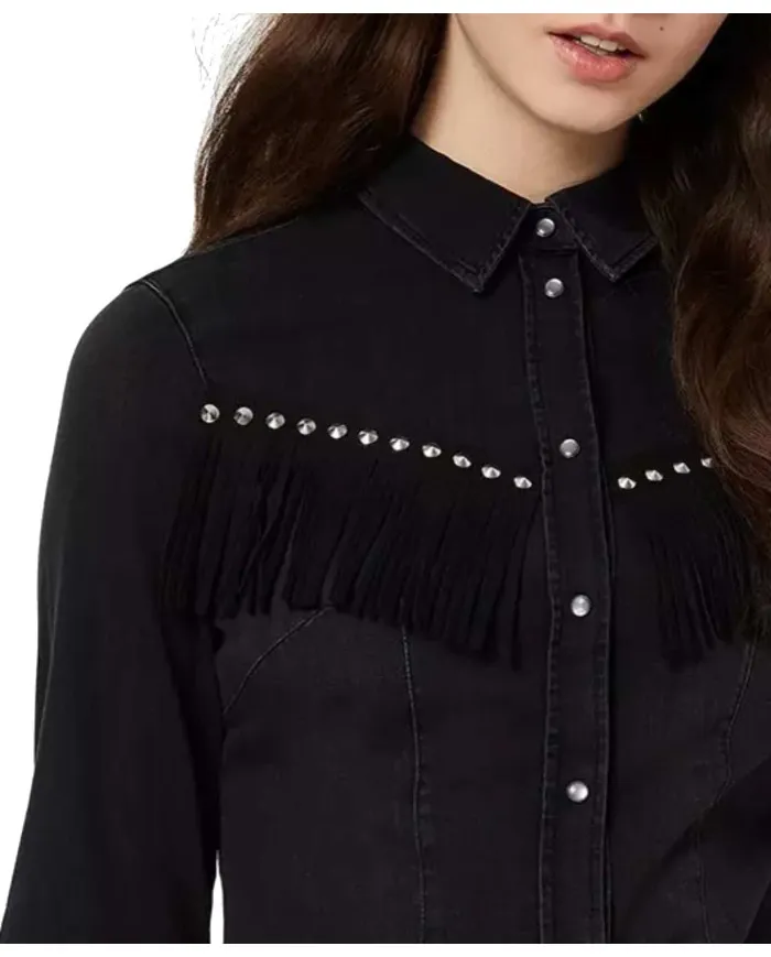 LIU JO Camicia Jeans Donna A-TI Denim Cotone Nera Frange Borchie Elastica Nuova 87216 DEN BLACK