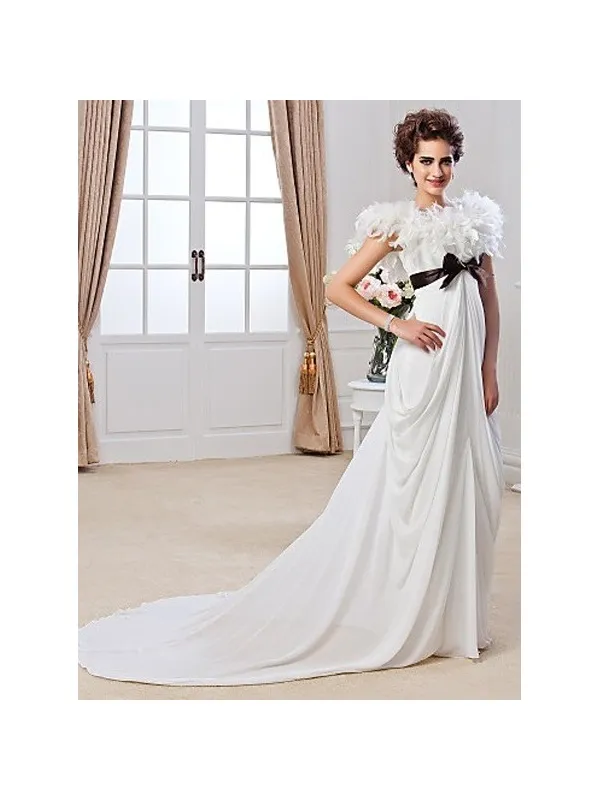 LORRAINE - Abito da Sposa stile impero a tubino in georgette con piume sullo scollo