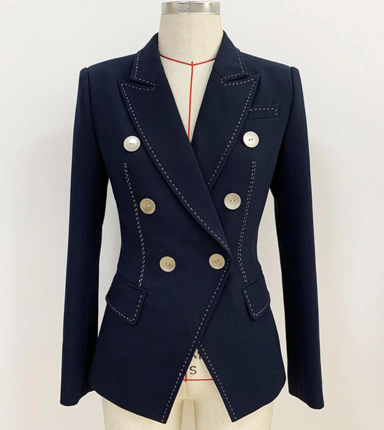 Nuovo blazer da donna di design bianco blu scuro doppio petto con bottoni slim open wire decorazione giacca blazer completo di a