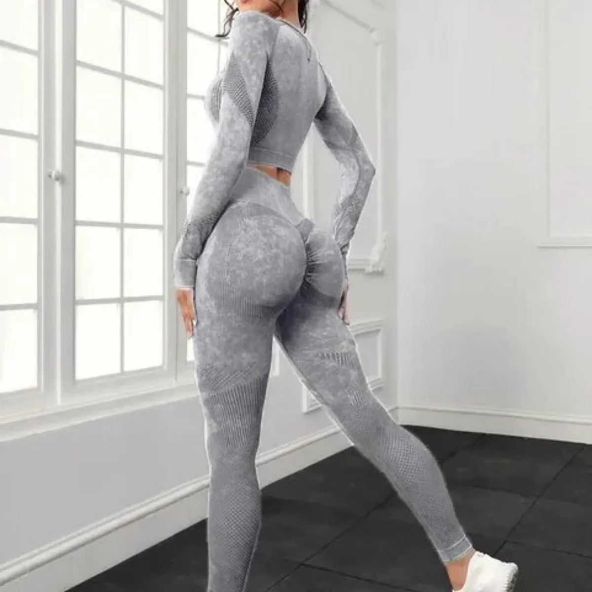 Set da yoga lavati senza cuciture Sport Fitness Pesca Hip Lifting Pantaloni a vita alta Completo a maniche lunghe Leggings da pa