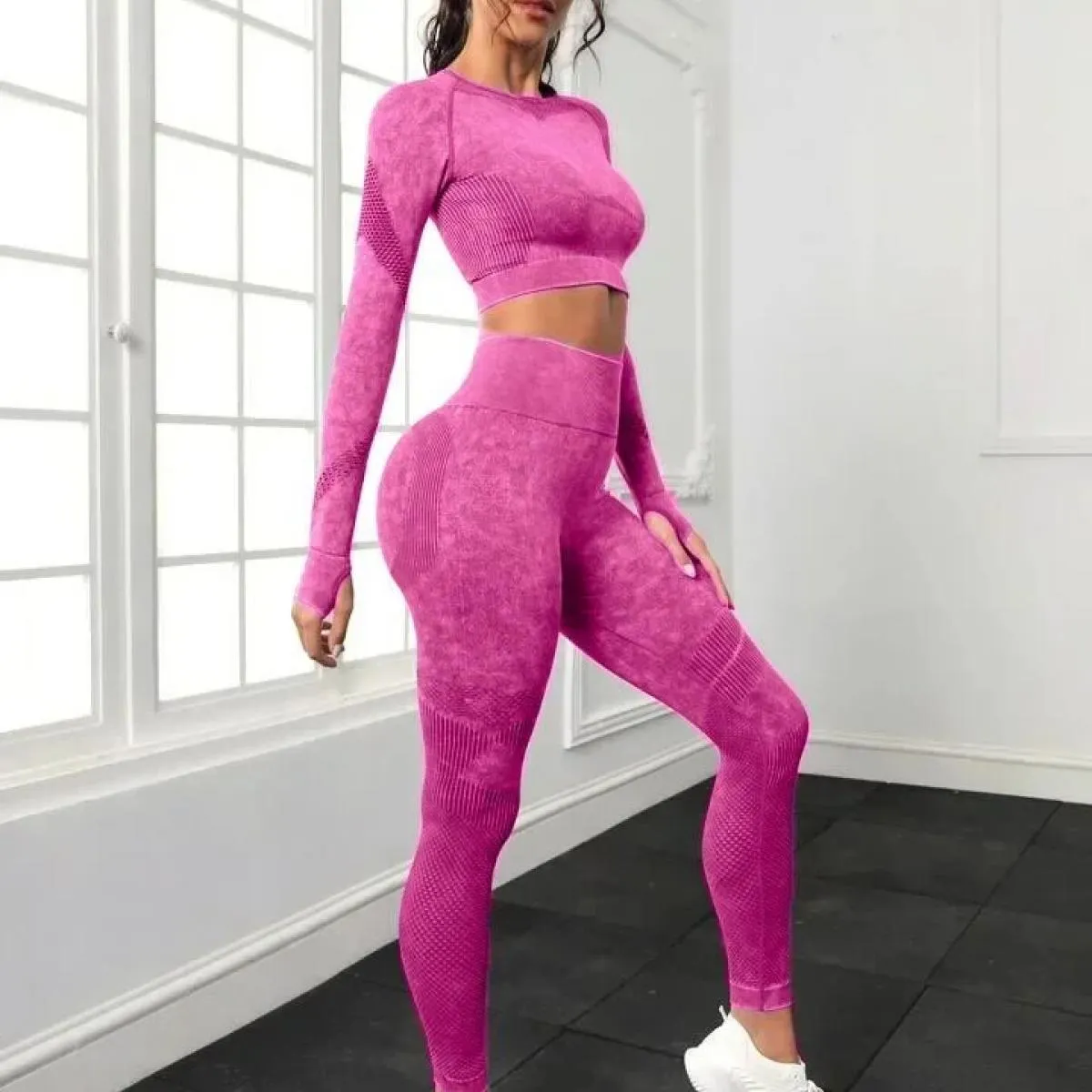 Set da yoga lavati senza cuciture Sport Fitness Pesca Hip Lifting Pantaloni a vita alta Completo a maniche lunghe Leggings da pa