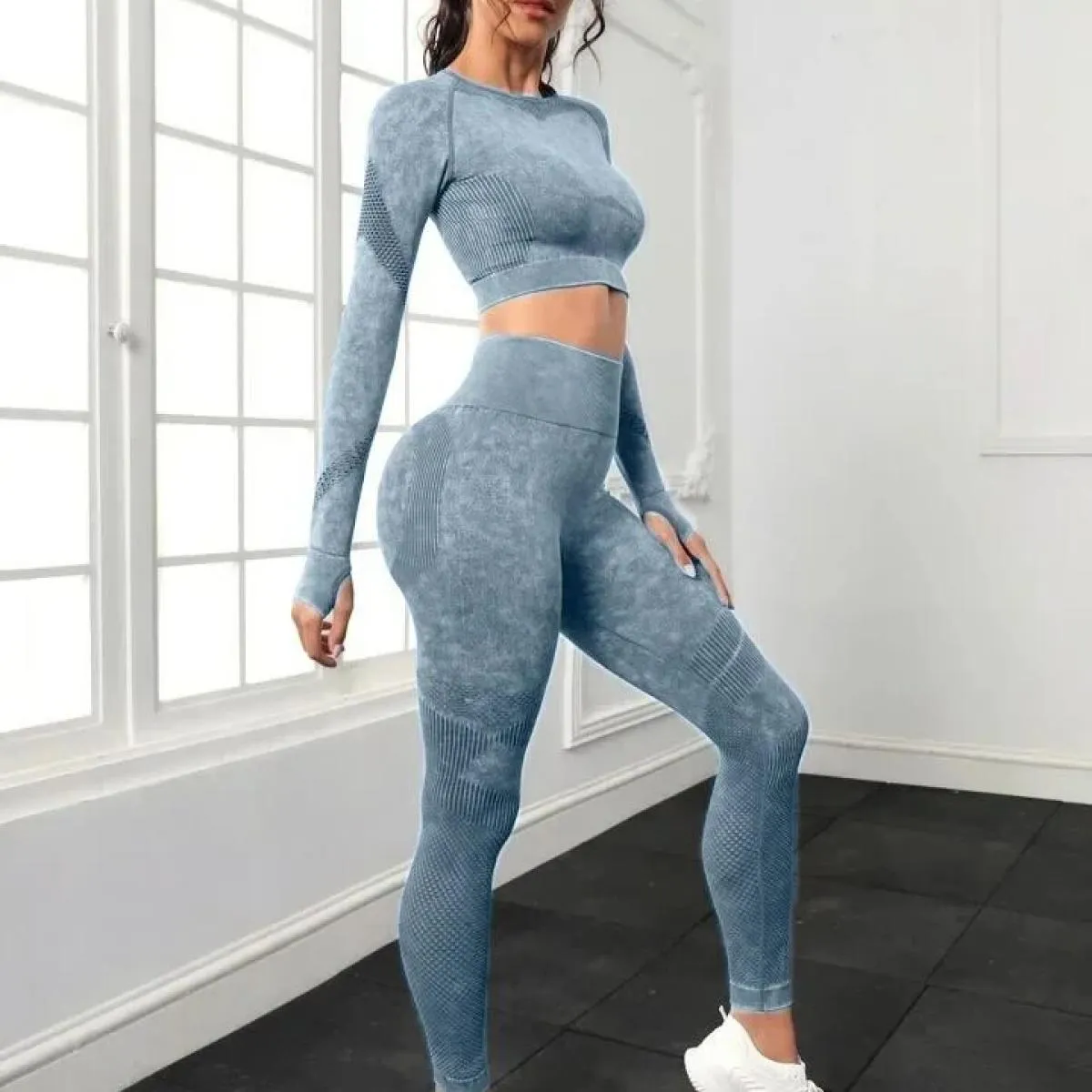 Set da yoga lavati senza cuciture Sport Fitness Pesca Hip Lifting Pantaloni a vita alta Completo a maniche lunghe Leggings da pa