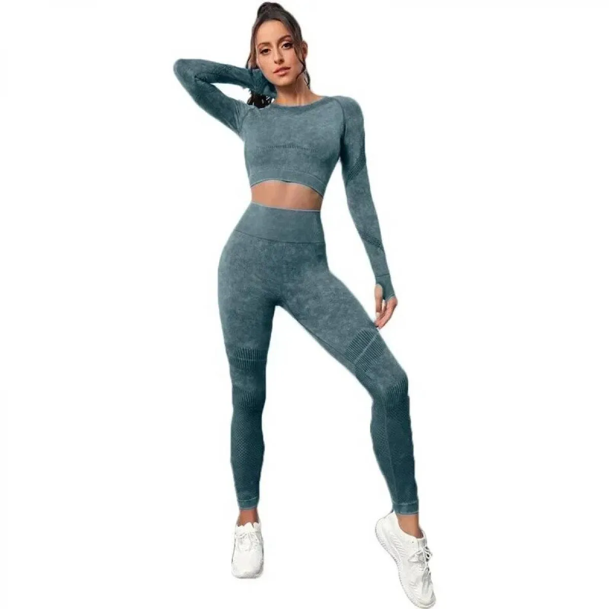 Set da yoga lavati senza cuciture Sport Fitness Pesca Hip Lifting Pantaloni a vita alta Completo a maniche lunghe Leggings da pa