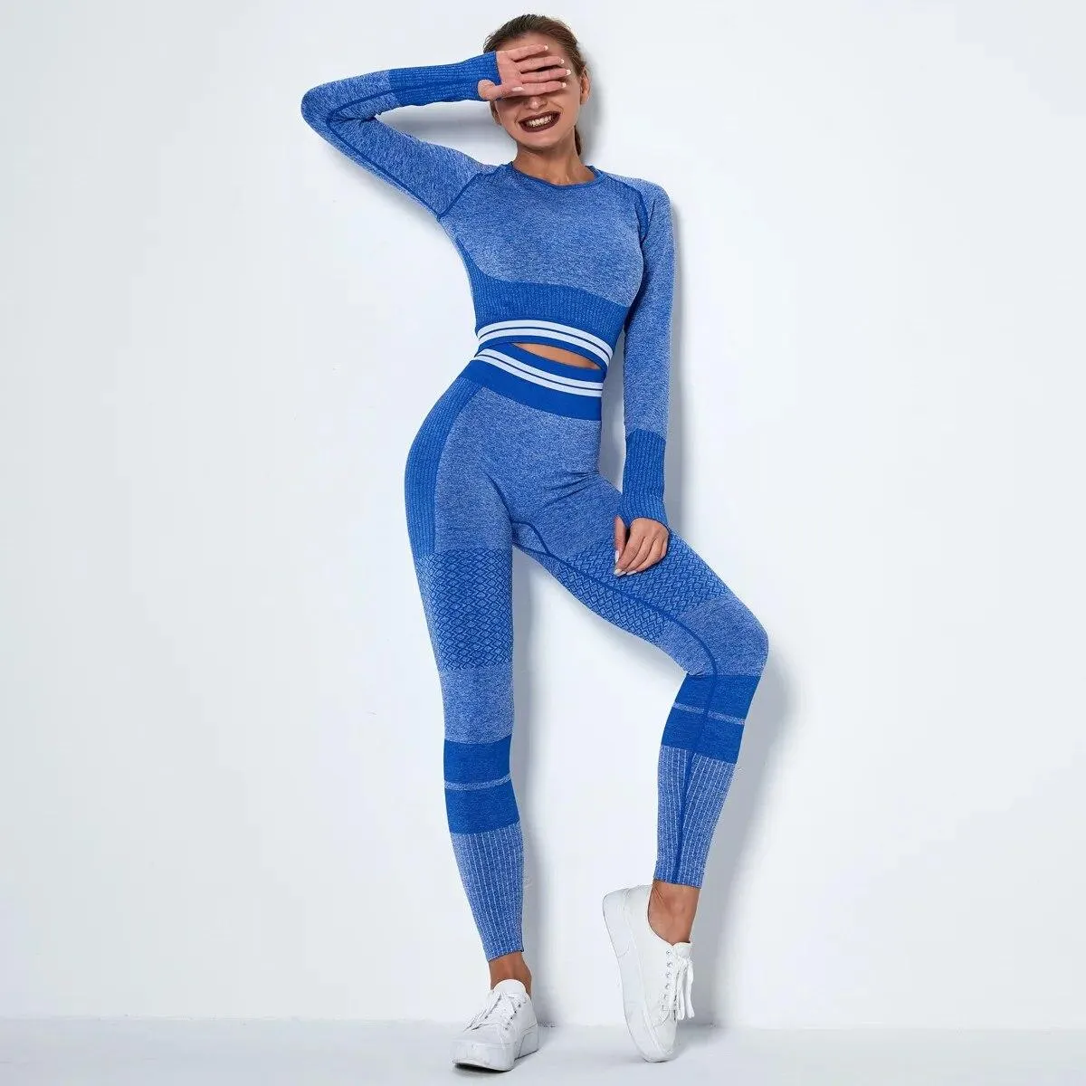 Set da yoga lavorato a maglia senza cuciture Sport Fitness Pantaloni a vita alta con rialzo sui fianchi Abiti a maniche lunghe A