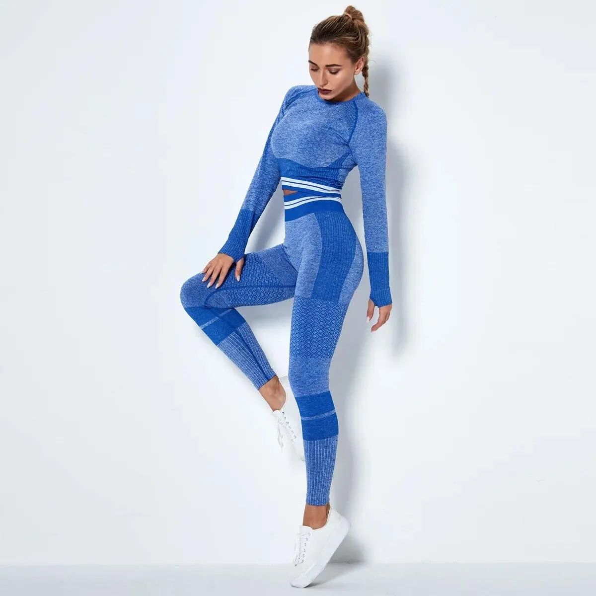 Set da yoga lavorato a maglia senza cuciture Sport Fitness Pantaloni a vita alta con rialzo sui fianchi Abiti a maniche lunghe A