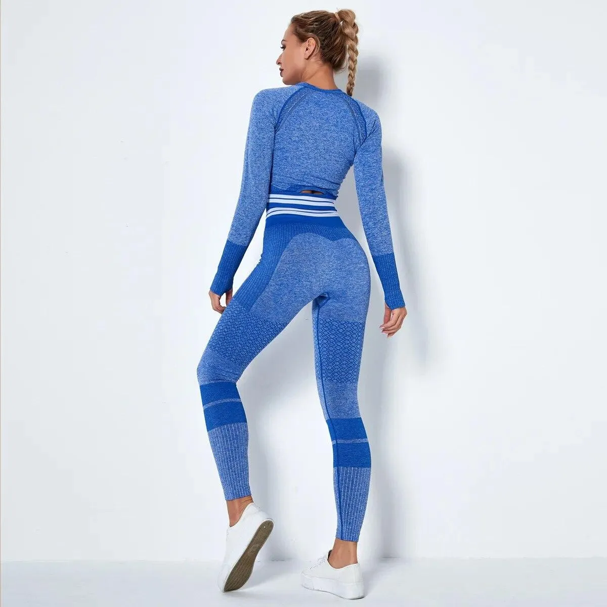 Set da yoga lavorato a maglia senza cuciture Sport Fitness Pantaloni a vita alta con rialzo sui fianchi Abiti a maniche lunghe A