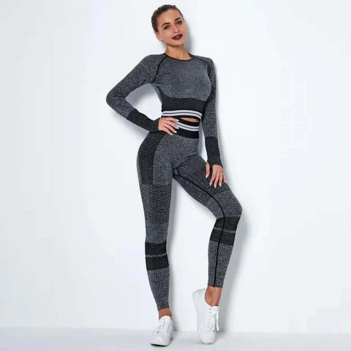 Set da yoga lavorato a maglia senza cuciture Sport Fitness Pantaloni a vita alta con rialzo sui fianchi Abiti a maniche lunghe A