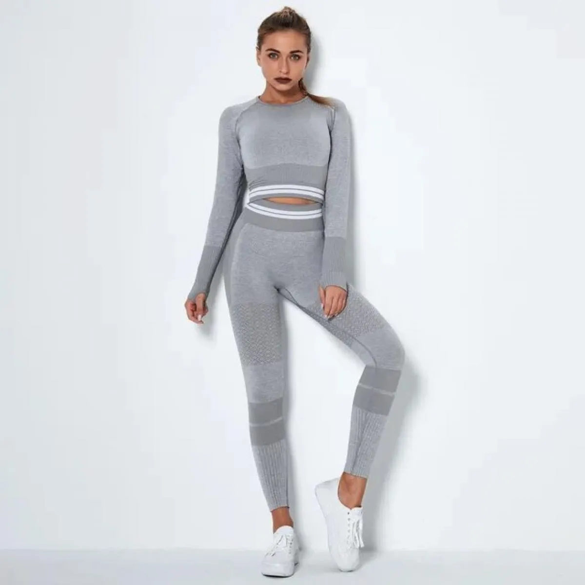 Set da yoga lavorato a maglia senza cuciture Sport Fitness Pantaloni a vita alta con rialzo sui fianchi Abiti a maniche lunghe A