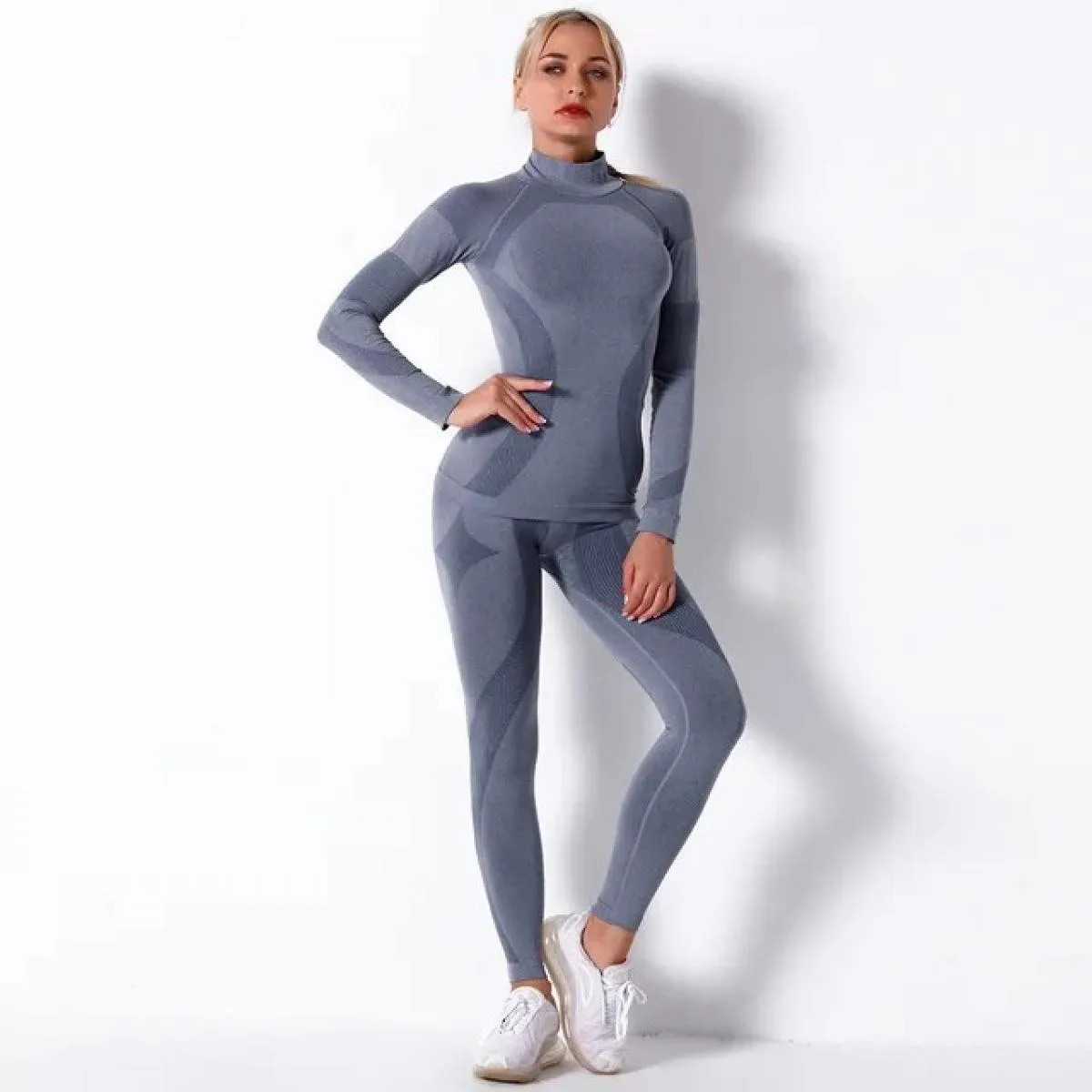 Set da yoga senza cuciture Sport Fitness Pantaloni a vita alta con risvolto ai fianchi Abito a maniche lunghe a righe Abbigliame