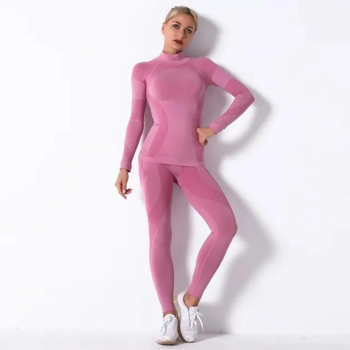 Set da yoga senza cuciture Sport Fitness Pantaloni a vita alta con risvolto ai fianchi Abito a maniche lunghe a righe Abbigliame