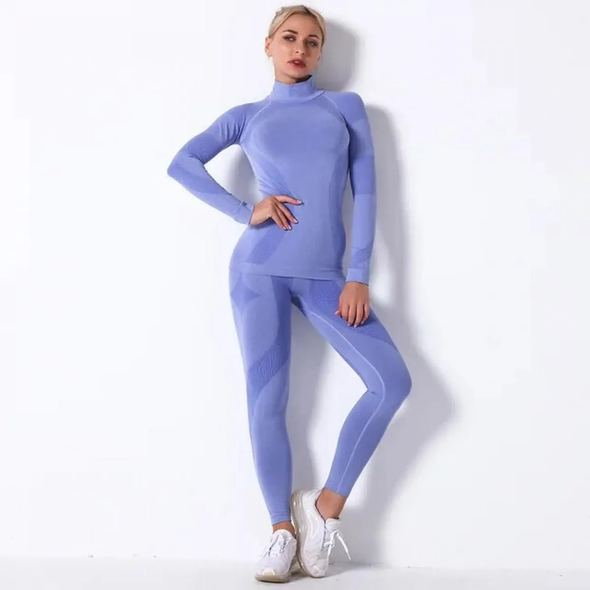 Set da yoga senza cuciture Sport Fitness Pantaloni a vita alta con risvolto ai fianchi Abito a maniche lunghe a righe Abbigliame