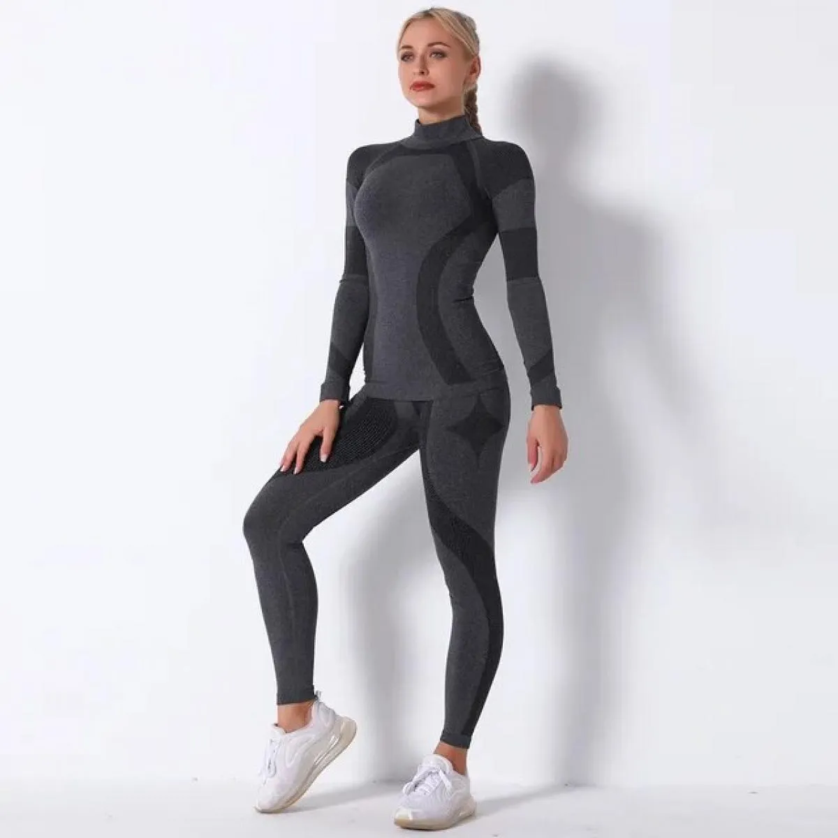 Set da yoga senza cuciture Sport Fitness Pantaloni a vita alta con risvolto ai fianchi Abito a maniche lunghe a righe Abbigliame