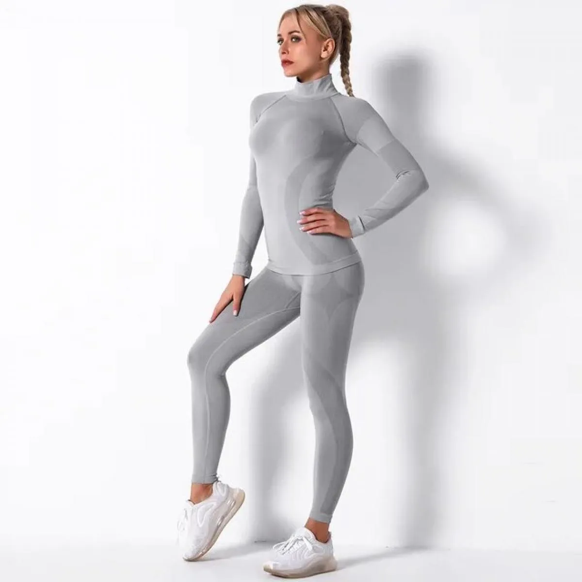 Set da yoga senza cuciture Sport Fitness Pantaloni a vita alta con risvolto ai fianchi Abito a maniche lunghe a righe Abbigliame